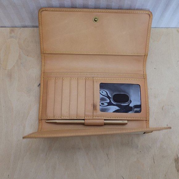 Dooney & Bourke Signature Monogram Tri Fold Wallet Cream Canvas Tan Leather Trim - Picture 8 of 14